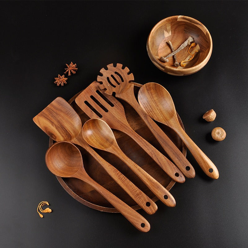 Teak 7-Piece Kitchenware Set Kitchen Utensils Shovel Pot Rice Spoon Set Leaky Spoon Egg Beater Kitchenware Set